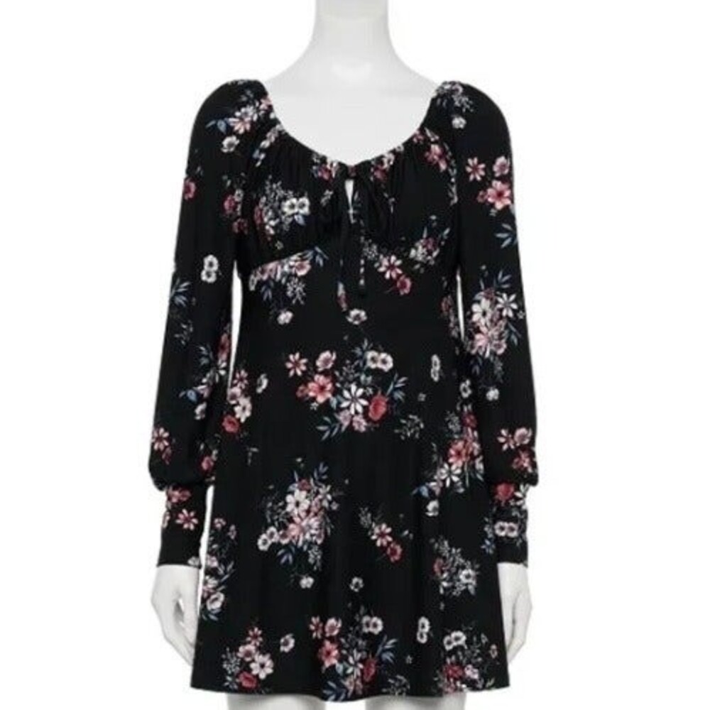 Lily Rose Emma Skater Dress-Small- Dark Floral-Elastic Scoop Neck-Tie Close